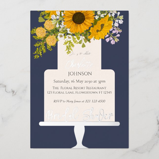 Invitación Con Relieve Metalizado Sunflowers Bouquet Floral Cake Bridal Shower  (Anverso)