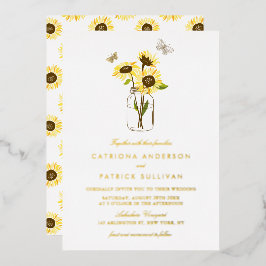 Invitación Con Relieve Metalizado Sunflowers en Mason Jar Country Rustic Boda