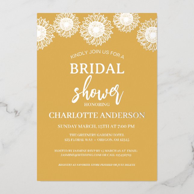 Invitación Con Relieve Metalizado Sunflowers Garden Floral Bridal Shower Gold (Anverso)