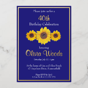 Invitación Con Relieve Metalizado Sunflowers in blue - 40 cumpleaños