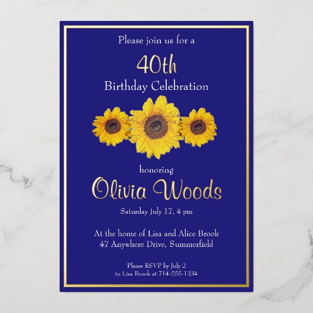 Invitación Con Relieve Metalizado Sunflowers in blue - 40 cumpleaños (Anverso)