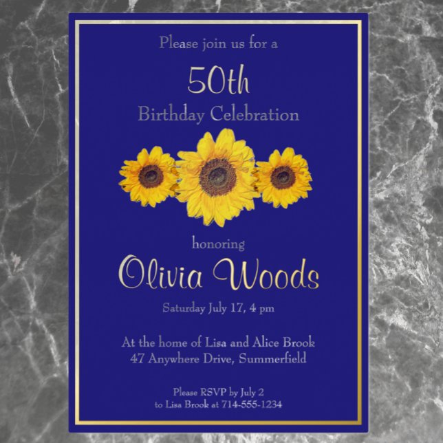 Invitación Con Relieve Metalizado Sunflowers in blue - 50 cumpleaños (Subido por el creador)