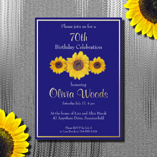 Invitación Con Relieve Metalizado Sunflowers in blue - cumpleaños 70