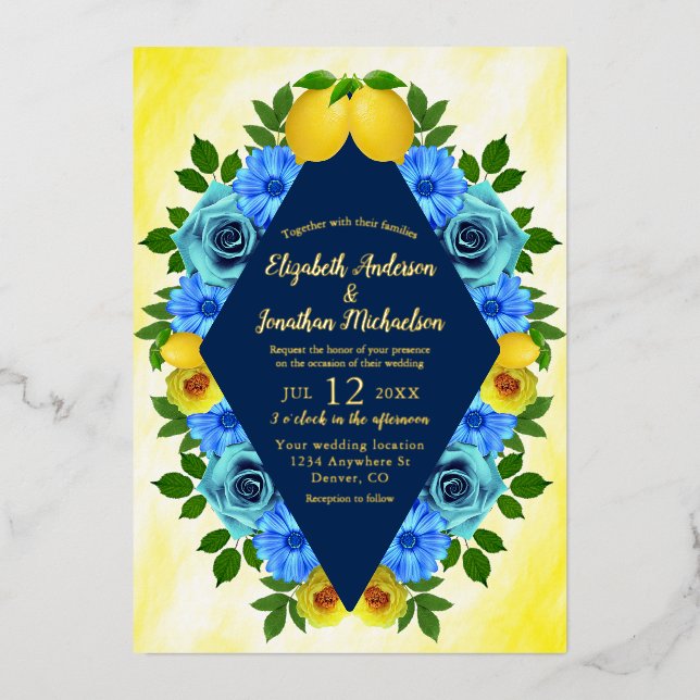 Invitación Con Relieve Metalizado Sunny Lemon Floral Boda (Anverso)