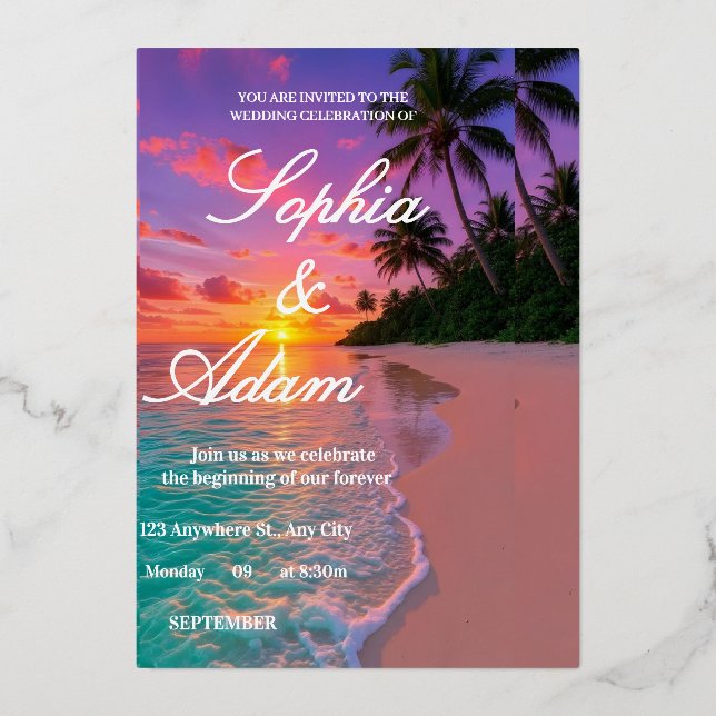 Invitación Con Relieve Metalizado Sunset Beach Wedding Invitation (Anverso)