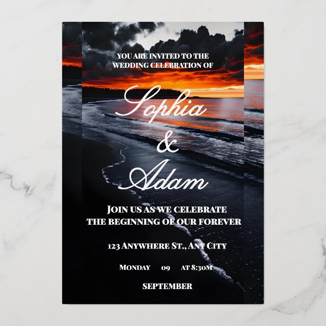 Invitación Con Relieve Metalizado Sunset Beach Wedding Invitation (Anverso)