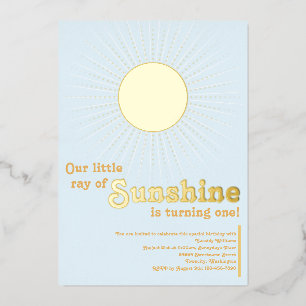 Invitación Con Relieve Metalizado Sunshine Blue Gold Sun Baby First Birday