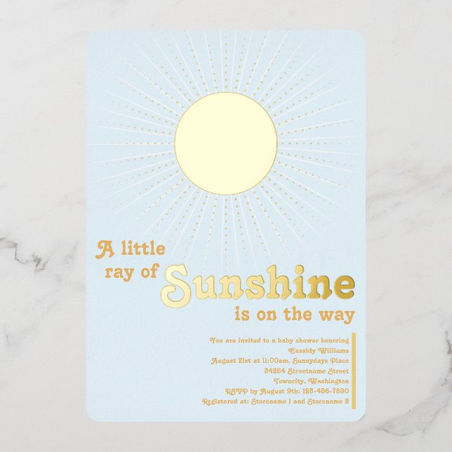 Invitación Con Relieve Metalizado Sunshine Blue Gold Sun Baby Shower (Anverso)