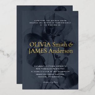 Invitación Con Relieve Metalizado Superposición botánica oscura y temperamental azul