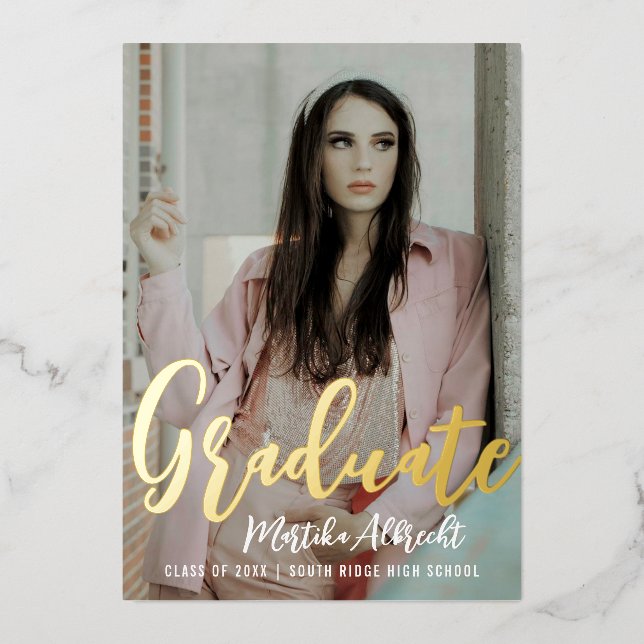 Invitación Con Relieve Metalizado Superposición cursiva de oro | Foto Partido de Gra (Anverso)