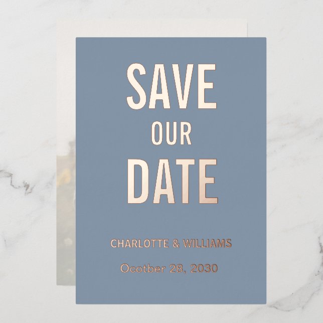 Invitación Con Relieve Metalizado Superposición de foto azul polvoriento Ahorra la f (Anverso/Reverso)