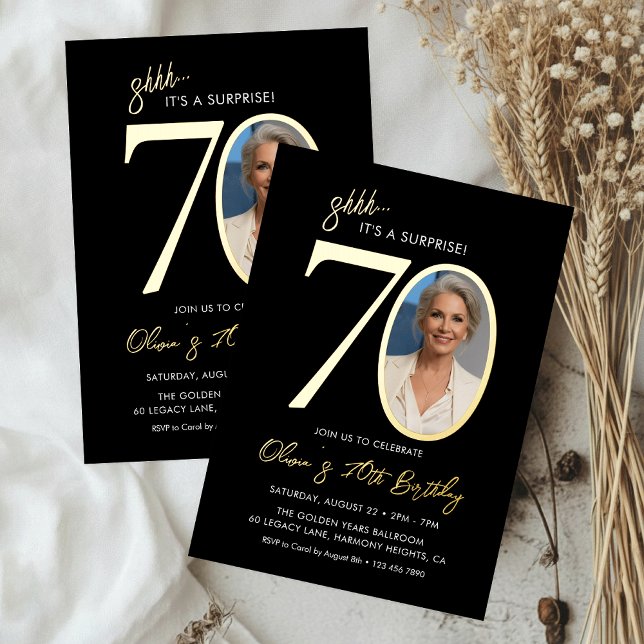 Invitación Con Relieve Metalizado Surprise Black and Gold 70th Birthday Party Photo (Subido por el creador)