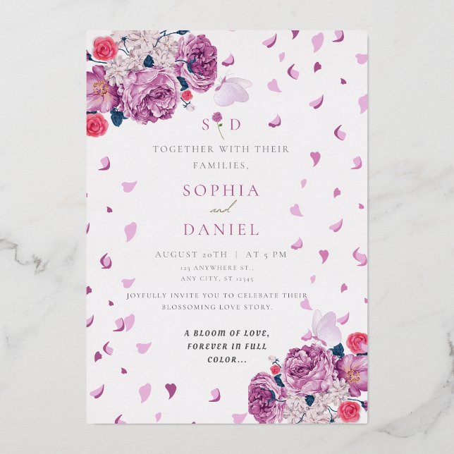 Invitación Con Relieve Metalizado Susurros Del boda De Bloom (Anverso)