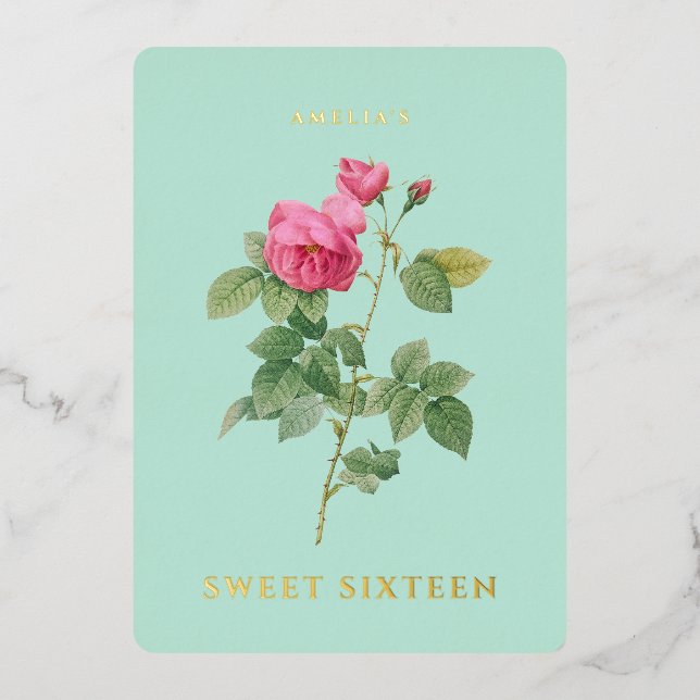 Invitación Con Relieve Metalizado Sweet 16 Birthday Floral Mint Green and Gold (Anverso)