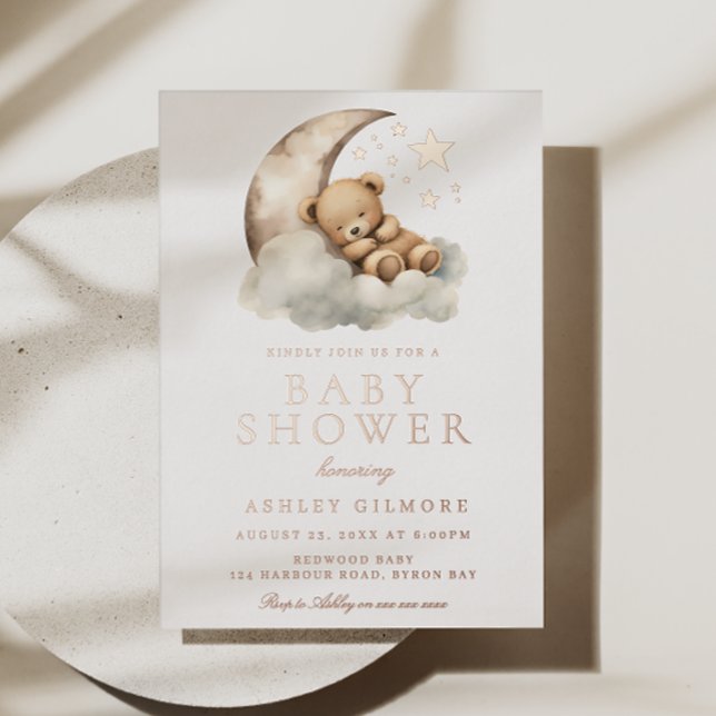 Invitación Con Relieve Metalizado Sweet Teddy Bear Neutral Baby Shower Rosa Gold (Subido por el creador)