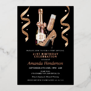 Invitación Con Relieve Metalizado Tacones de oro rosa y cumpleaños de mujeres con ch