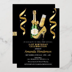 Invitación Con Relieve Metalizado Tacos de oro y cumpleaños de mujeres con champán