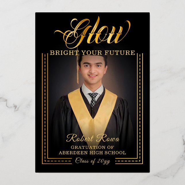 Invitación Con Relieve Metalizado Tacto dorado Glow su futuro (Anverso)