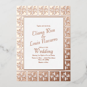 Invitación Con Relieve Metalizado Talavera Dorada Prensa de Boda Mexicana en Español