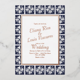 Invitación Con Relieve Metalizado Talavera Moderna Azul Marinho Prensa Boda   