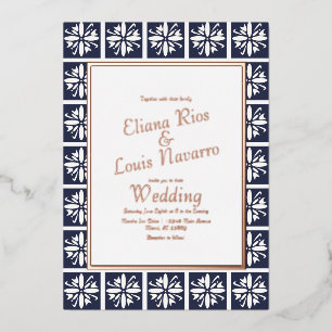 Invitación Con Relieve Metalizado Talavera Moderna Azul Marinho Prensa Boda