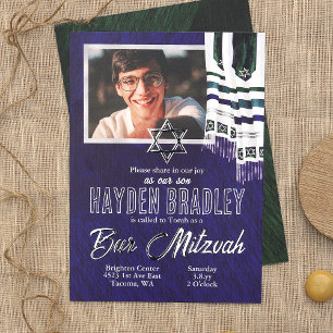 Invitación Con Relieve Metalizado Talit Bar Mitzvah Azul, Plateado, Verde Rayado Alt