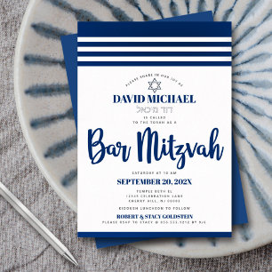 Invitación Con Relieve Metalizado Tallit Moderno Bar Mitzvah Azul Marino Letra Plata