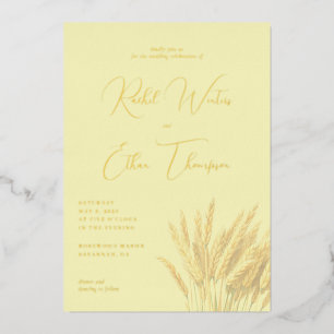 Invitación Con Relieve Metalizado Tallos de Trigo Amarillo Elegantes