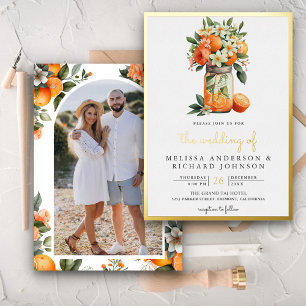 Invitación Con Relieve Metalizado Tangerine Citrus Naranja Mason Jar Boda Gold