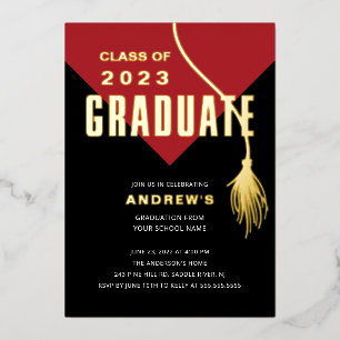 Invitación Con Relieve Metalizado Tapa de graduación roja moderna y audaz Graduación