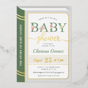 Invitación Con Relieve Metalizado Tapa de libro de cuento de hadas para baby shower 