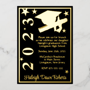 Invitación Con Relieve Metalizado Tapa, Diploma, Estrellas Negras y Doradas Graduaci