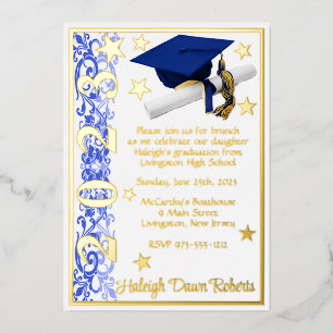 Invitación Con Relieve Metalizado Tapa, Diploma y Estrellas, Azul, Blanco, Graduació