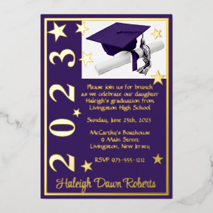 Invitación Con Relieve Metalizado Tapa, Diploma y Estrellas, Graduación Morado y Dor
