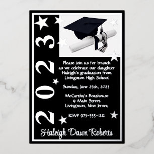 Invitación Con Relieve Metalizado Tapa, Diploma y Estrellas, Graduación Negra y Plat