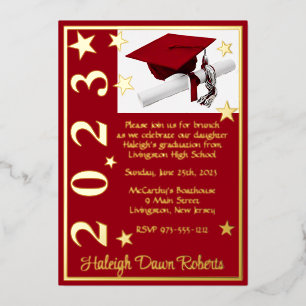 Invitación Con Relieve Metalizado Tapa, Diploma y Estrellas, Graduación Roja y Dorad