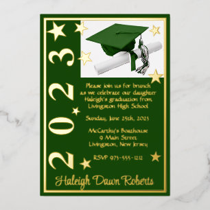 Invitación Con Relieve Metalizado Tapa, Diploma y Estrellas, Graduación Verde y Dora