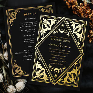 Invitación Con Relieve Metalizado Tarot Art Nouveau Gótico Boda Celestial