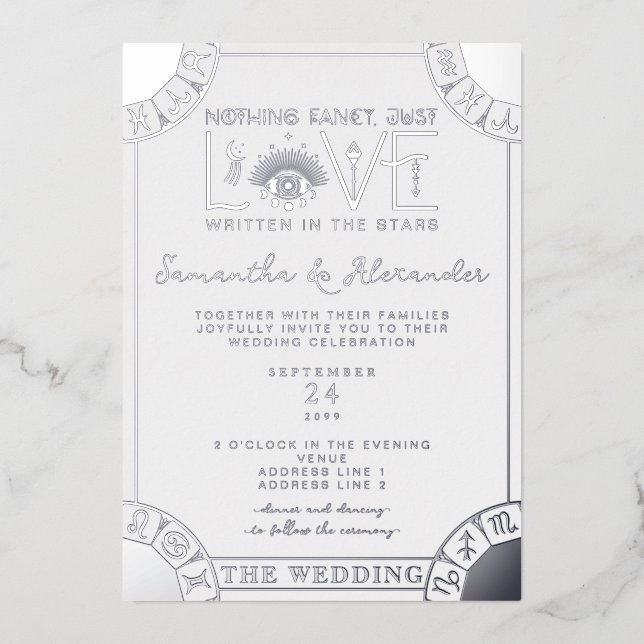 Invitación Con Relieve Metalizado Tarot Boda celeste Zodiac Rótulos Mal Ojo Luna (Anverso)