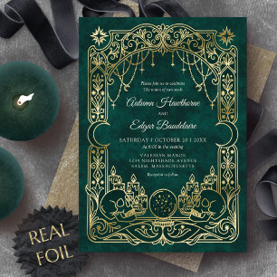 Invitación Con Relieve Metalizado Tarot Gótico Bodas Celestiales Verde