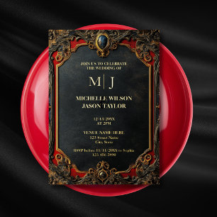 Invitación Con Relieve Metalizado Tarot Moderno Gótico Negro y Monograma de Oro
