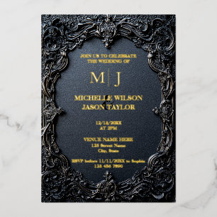 Invitación Con Relieve Metalizado Tarot moderno gótico negro y monograma dorado