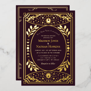 Invitación Con Relieve Metalizado Tarot Vintage de Boda Gótica con Hojas de Oro y Bu