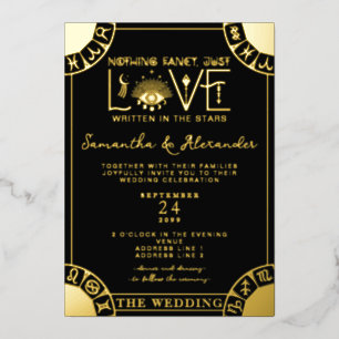 Invitación Con Relieve Metalizado Tarot Zodiac Rótulo Mal Ojo Negro Boda Celeste