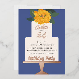 Invitación Con Relieve Metalizado Tarta Floral Amarilla Moderna Cumpleaños Fiesta Do