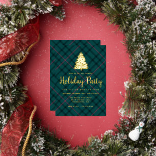 Invitación Con Relieve Metalizado Tartan Verde y Rosa Fiesta de Navidad Corporativ