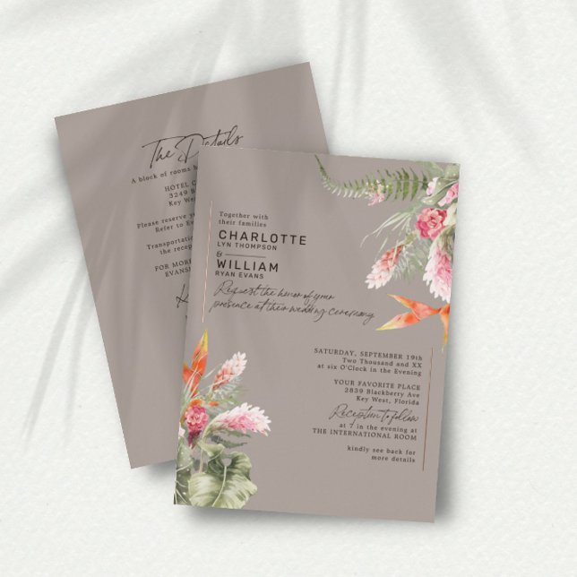 Invitación Con Relieve Metalizado Taupe floral tropical RSVP Código QR Boda Oro (Subido por el creador)