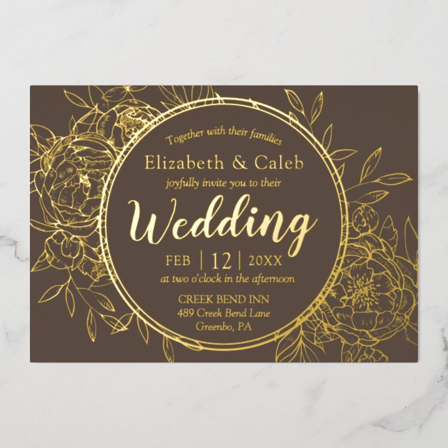 Invitación Con Relieve Metalizado Taupe & Gold Peony Boda de la tela moderna (Anverso)
