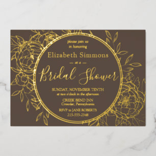 Invitación Con Relieve Metalizado Taupe Línea Moderna Peony Toile Shower