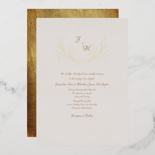 Invitación Con Relieve Metalizado Taupe simple y oro metálico (Anverso/Reverso)